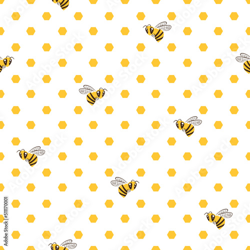 Seamless honey pattern with bee and honeycomb. 