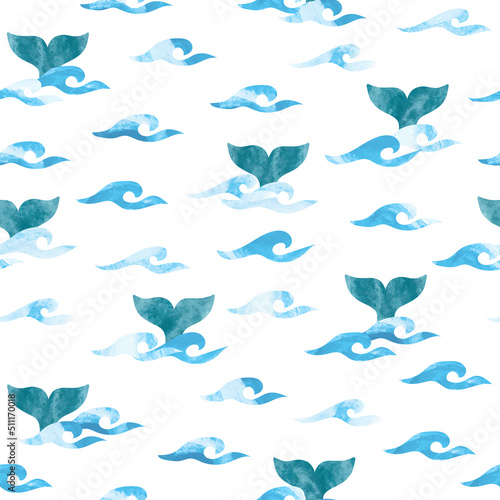 Seamless pattern with watercolor whale tails and sea waves.