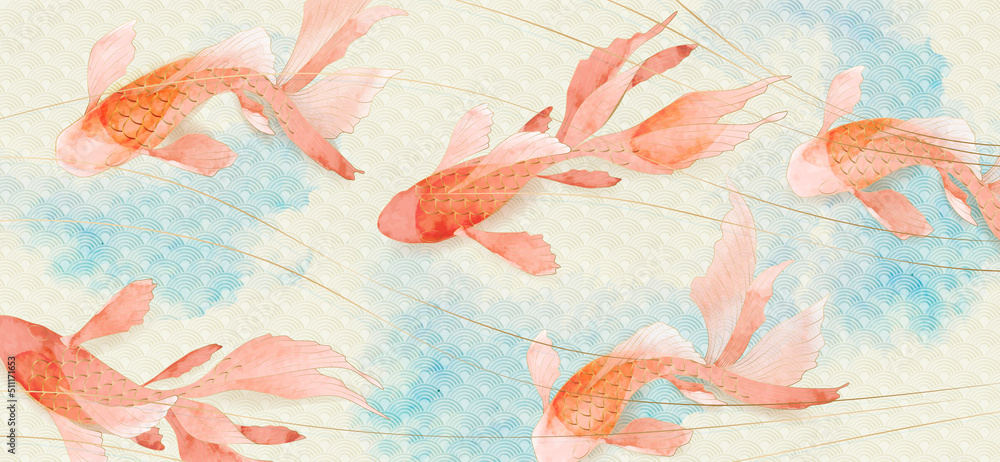 Luxury art background with oriental fish in pink and gold. Oriental carp fish with line art pattern on watercolor banner for wallpaper design, decor, packaging, print
