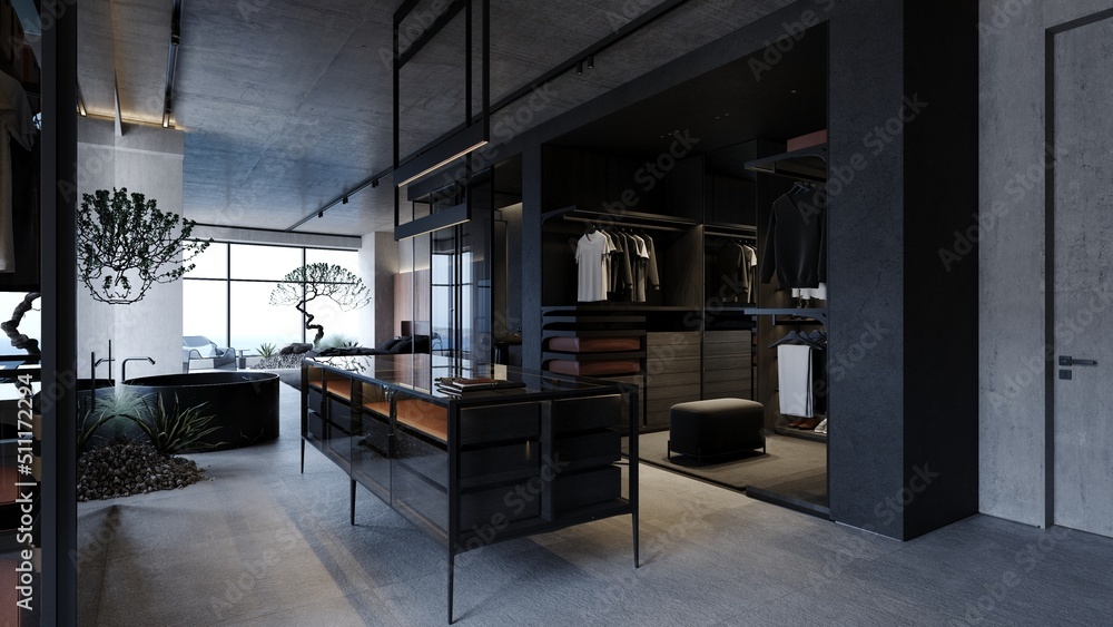 Loft industrial wardrobe interior design 3d rendering with concrete walls and large bonsai tree