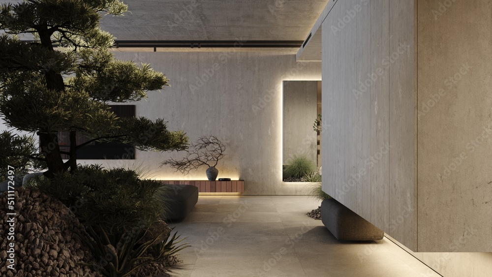 Loft industrial corridor interior design 3d rendering with concrete ...