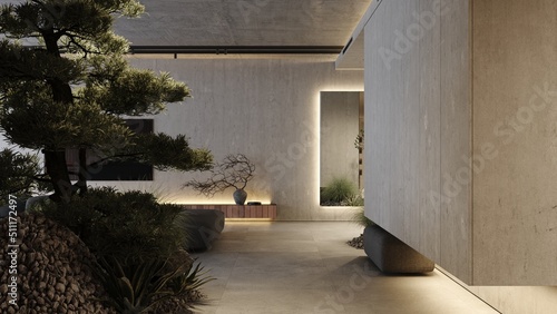  Loft industrial corridor interior design 3d rendering with concrete walls, large bonsai tree and mirror