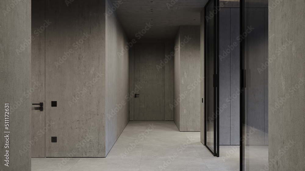 Loft modern interior corridor with concrete walls, minimalistic hidden doors 3d rendering