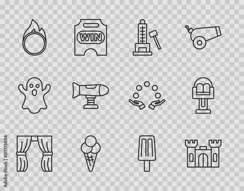 Set line Circus curtain raises, Castle, Striker attraction with hammer, Ice cream waffle cone, fire hoop, Swing plane, and Attraction carousel icon. Vector Set line Circus curtain raises, Castle, Striker attraction with hammer, Ice cream waffle cone, fire hoop, Swing plane, and Attraction carousel icon. Vector