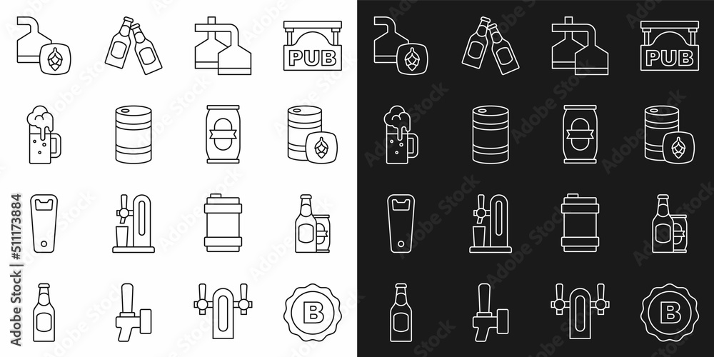 Set line Bottle cap with beer, Beer bottle and can, Metal keg, brewing process, Wooden mug, and icon. Vector