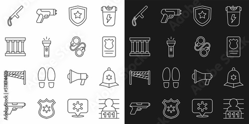 Set line Suspect criminal, British police helmet, Police badge with id case, Flashlight, Prison window, rubber baton and Handcuffs icon. Vector