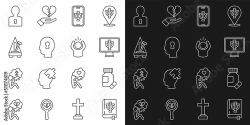 Set line Psychology book, Psi, Sedative pills, Psychologist online, Solution to the problem, Metronome with pendulum, and Anger icon. Vector