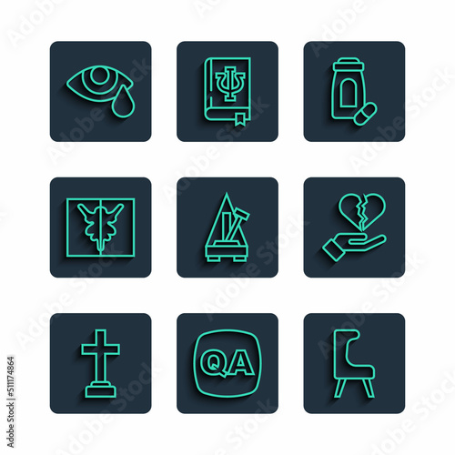 Set line Graves funeral sorrow, Question and Answer, Armchair, Sedative pills, Metronome with pendulum, Rorschach test, Tear cry eye and Broken heart divorce icon. Vector