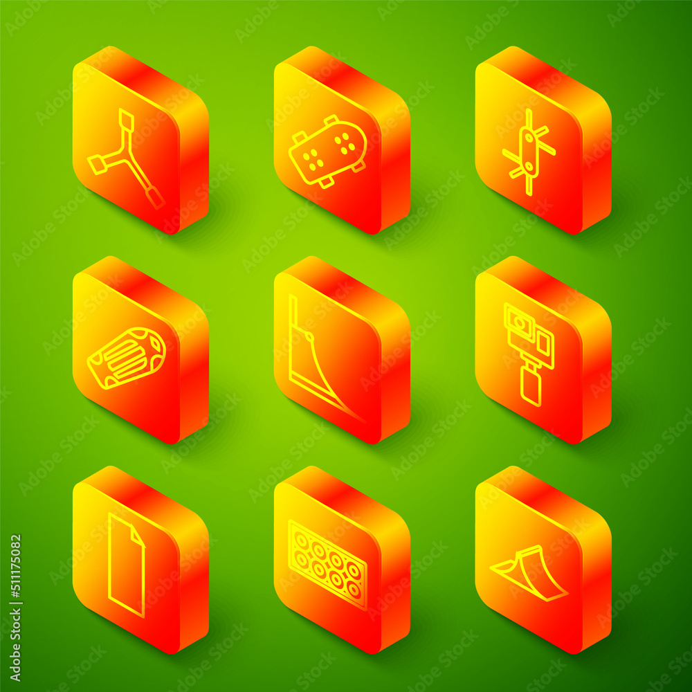 Set line Skateboard Y-tool, Tool allen keys, deck, park, Action camera, Grip tape skateboard and wheel icon. Vector Set line Skateboard Y-tool, Tool allen keys, deck, park, Action camera, Grip tape skateboard and wheel icon. Vector