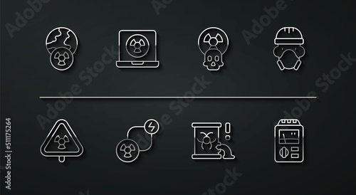 Set line Planet earth and radiation, Triangle with, Nuclear reactor worker, Radioactive waste in barrel, exchange energy, laptop, Dosimeter and icon. Vector