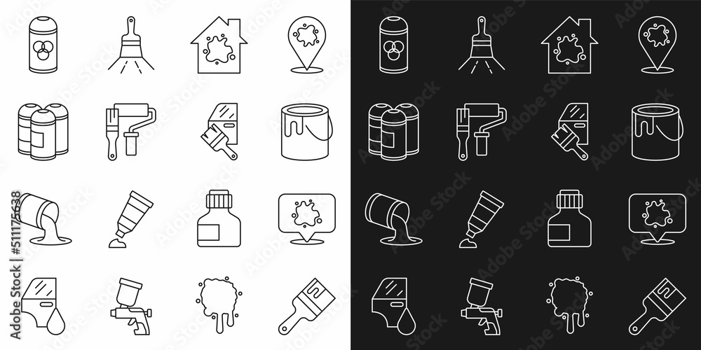 Set line Paint brush, spray, bucket, Painting the house, roller, can, and Car painting icon. Vector Set line Paint brush, spray, bucket, Painting the house, roller, can, and Car painting icon. Vector