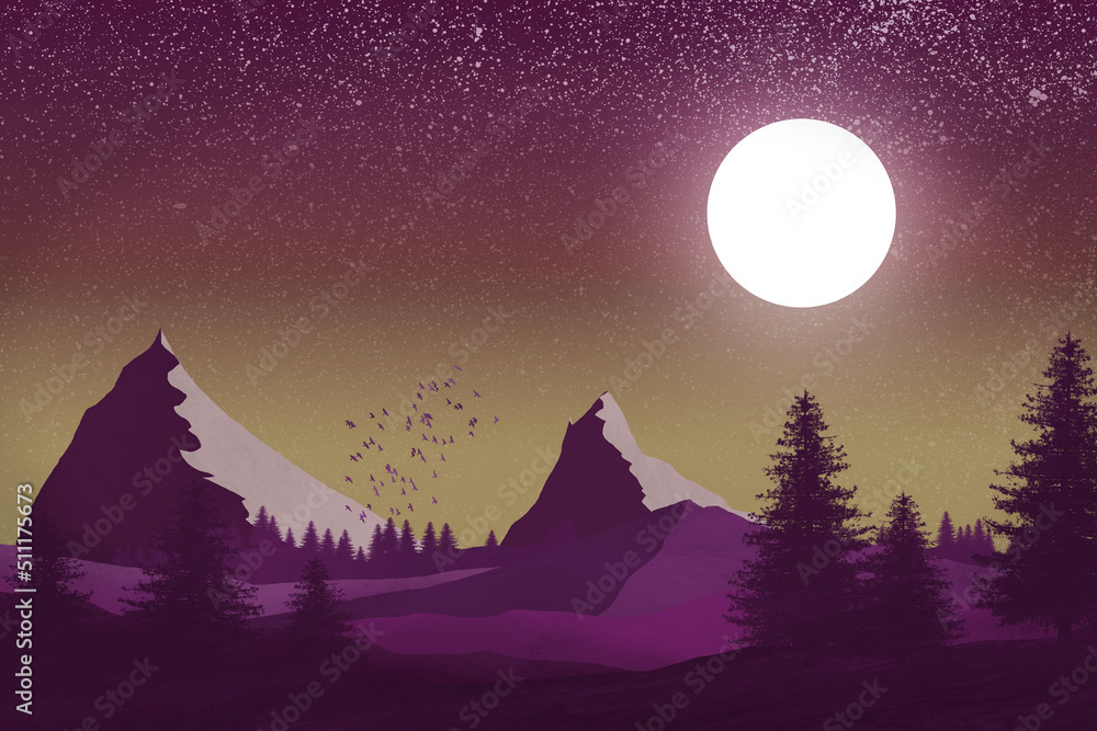 The fushia moonlight over the mountains