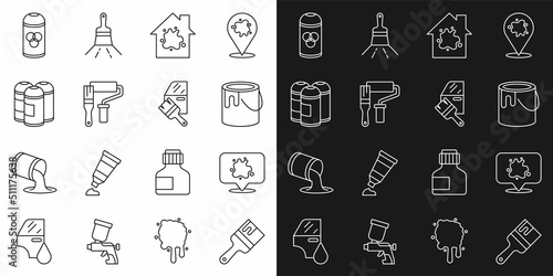 Set line Paint brush, spray, bucket, Painting the house, roller, can, and Car painting icon. Vector