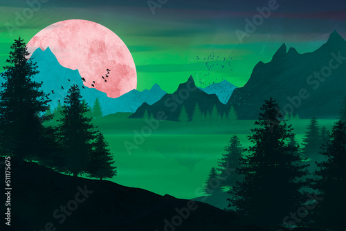 The emerald lake by the red moon