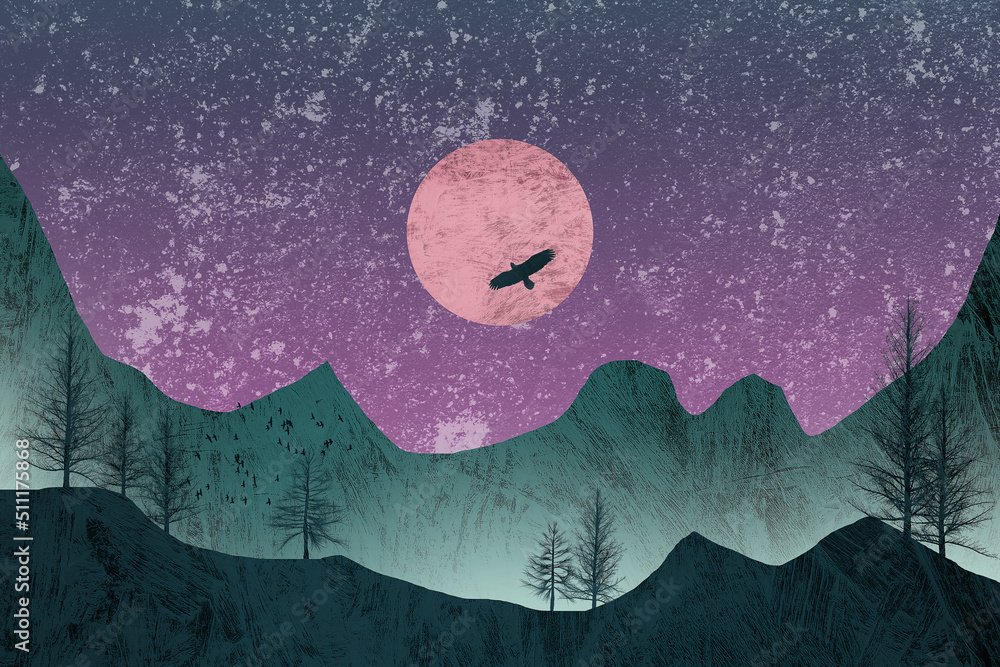 Eagle flying over the red moon