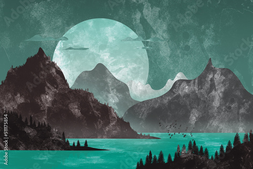 Obraz na płótnie The big moon over the turquoise lake w salonie