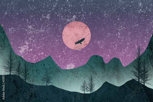 Eagle flying over the red moon