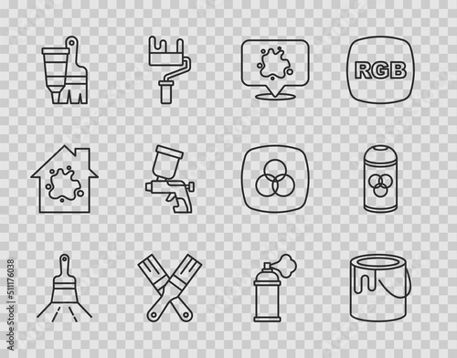 Set line Paint brush, bucket, spray, Tube with paint and, gun, can and icon. Vector