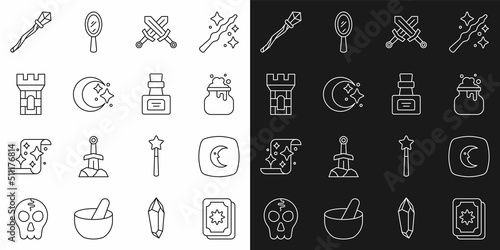 Set line Tarot cards  Moon and stars  Witch cauldron  Crossed medieval sword  Castle tower  Magic staff and Bottle with potion icon. Vector