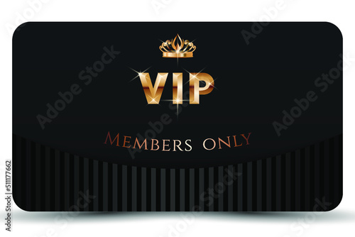 Golden and black elegant vip card template. Modern business card for members only. Royal design with 3d text, golden crown. Luxury abstract invitation on black background. Vector illustration