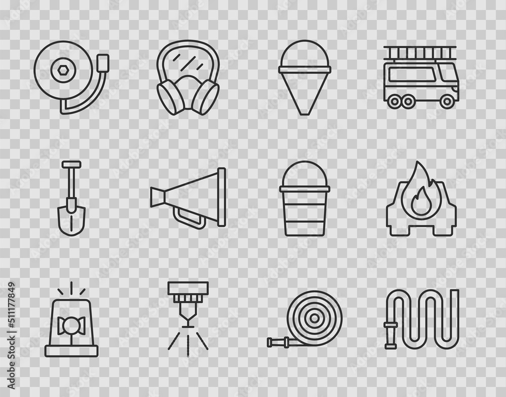 Set line Flasher siren, Fire hose reel, cone bucket, sprinkler system, Ringing alarm bell, Megaphone, and Burning car icon. Vector Set line Flasher siren, Fire hose reel, cone bucket, sprinkler system, Ringing alarm bell, Megaphone, and Burning car icon. Vector