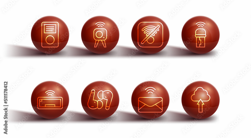 Set line Music player, Computer keyboard, Usb wireless adapter, Mail and e-mail, Air headphones, Web camera, Cloud upload and No Wi-Fi internet icon. Vector Set line Music player, Computer keyboard, Usb wireless adapter, Mail and e-mail, Air headphones, Web camera, Cloud upload and No Wi-Fi internet icon. Vector