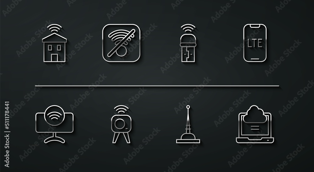 Set line Smart home with wi-fi, Tv system, LTE network, Antenna, Web camera, No Wi-Fi wireless internet, Network cloud connection and Usb adapter icon. Vector Set line Smart home with wi-fi, Tv system, LTE network, Antenna, Web camera, No Wi-Fi wireless internet, Network cloud connection and Usb adapter icon. Vector