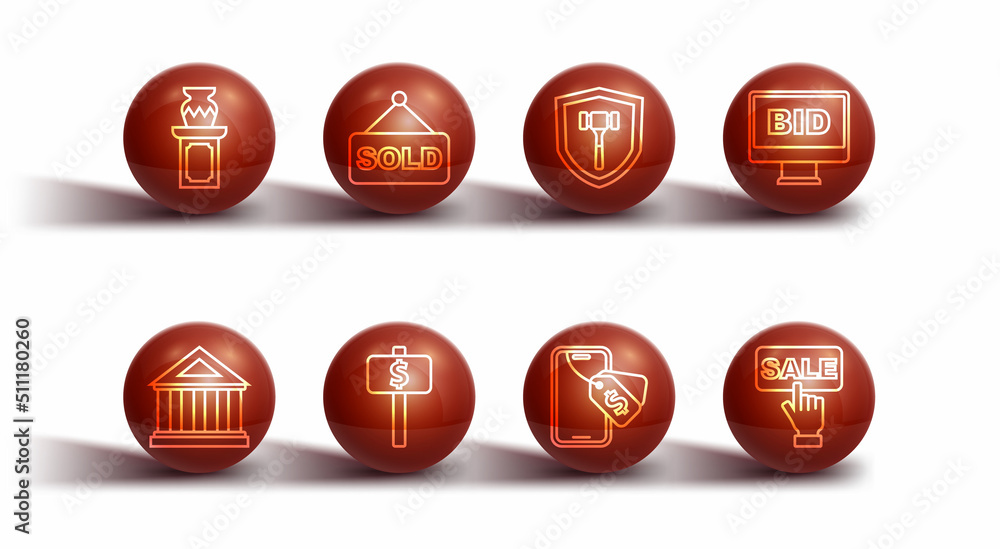 Set line Auction ancient vase, Museum building, Online auction, Hand holding paddle, sold, Price tag with Sale and hammer icon. Vector Set line Auction ancient vase, Museum building, Online auction, Hand holding paddle, sold, Price tag with Sale and hammer icon. Vector