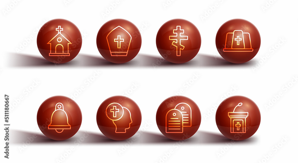 Set line Church building, bell, Pope hat, Holy bible book, Priest, sermon tribune and Christian cross icon. Vector Set line Church building, bell, Pope hat, Holy bible book, Priest, sermon tribune and Christian cross icon. Vector