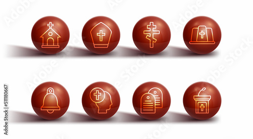 Set line Church building, bell, Pope hat, Holy bible book, Priest, sermon tribune and Christian cross icon. Vector