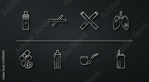 Set line Vape mod device, Medical nicotine patches, Disease lungs, No pipe smoking, Electronic cigarette, and Cigarette icon. Vector
