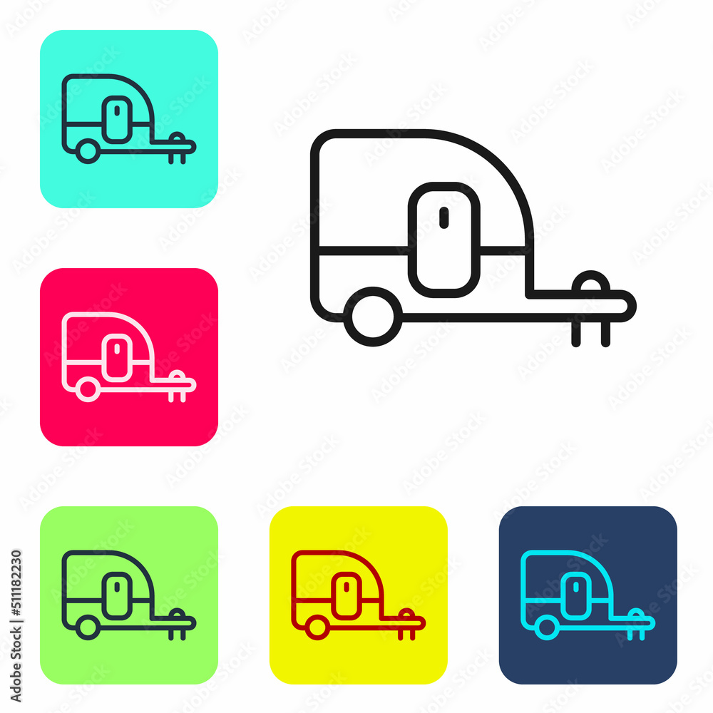 Black line Rv Camping trailer icon isolated on white background. Travel mobile home, caravan, home camper for travel. Set icons in color square buttons. Vector Black line Rv Camping trailer icon isolated on white background. Travel mobile home, caravan, home camper for travel. Set icons in color square buttons. Vector