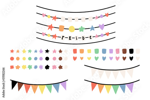 Pride Month celebration Beads, garlands, necklace set. Rainbow LGBTQ plus community string bracelet, heart, flower beads
