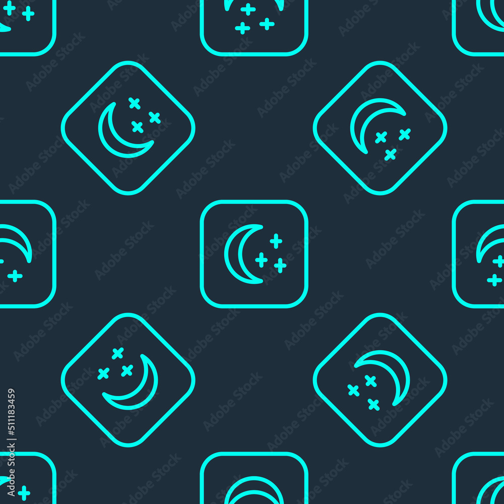 Green line Moon and stars icon isolated seamless pattern on blue background. Cloudy night sign. Sleep dreams symbol. Full moon. Night or bed time sign. Vector Green line Moon and stars icon isolated seamless pattern on blue background. Cloudy night sign. Sleep dreams symbol. Full moon. Night or bed time sign. Vector