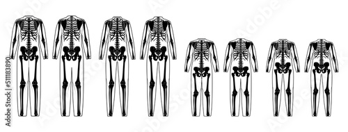 Set of Skeleton costume Human bones in bodysuit front back view men women children - boy, girl for Halloween, festivals, printing on clothes flat black color concept Vector illustration isolated