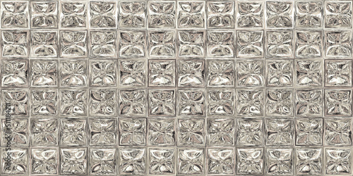 Seamless shiny crystal cut glass block wall tiles background texture. Vintage cottage core disco ball metallic mosaic bricks. A luxury kitchen or bathroom wallpaper high resolution 3D rendering..