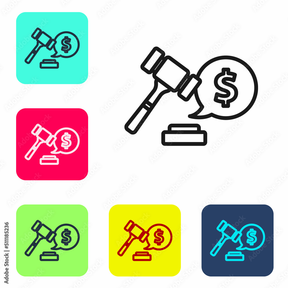 Black line Auction hammer price icon isolated on white background. Gavel - hammer of judge or auctioneer. Bidding process, deal done. Auction bidding. Set icons in color square buttons. Vector Black line Auction hammer price icon isolated on white background. Gavel - hammer of judge or auctioneer. Bidding process, deal done. Auction bidding. Set icons in color square buttons. Vector