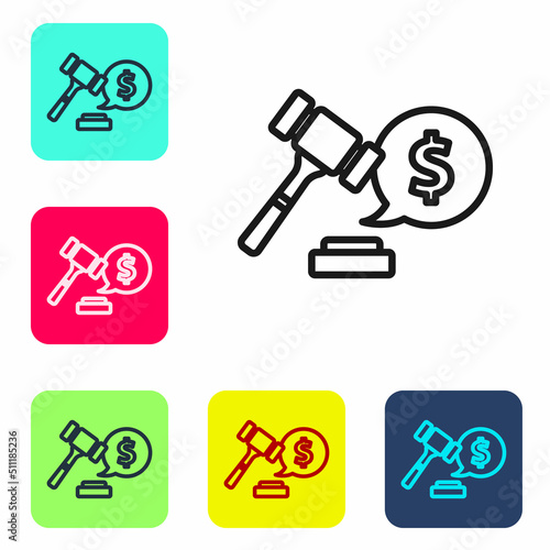 Black line Auction hammer price icon isolated on white background. Gavel - hammer of judge or auctioneer. Bidding process, deal done. Auction bidding. Set icons in color square buttons. Vector