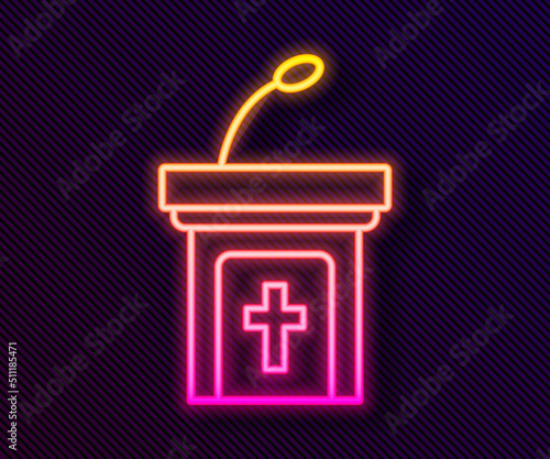 Glowing neon line Church sermon tribune icon isolated on black background. The podium of the preacher in the church. Vector