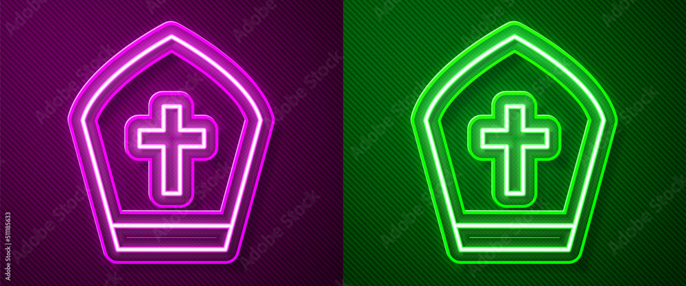Glowing neon line Pope hat icon isolated on purple and green background. Christian hat sign. Vector Glowing neon line Pope hat icon isolated on purple and green background. Christian hat sign. Vector