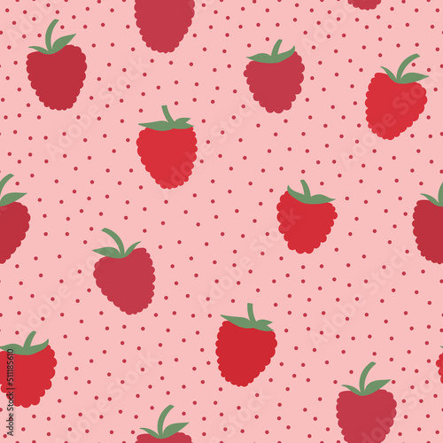 Cute pink and red raspberry seamless vector pattern. Sweet berry illustration in a ditsy design. Fun repeat surface pattern print for spring and summer textiles, fabric, fashion and stationary. 