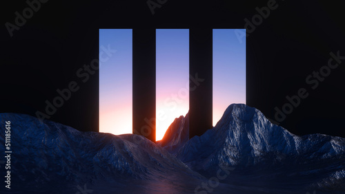 3d rendering, abstract modern minimal panoramic background with geometric mirrors and landscape with rocky mountains under the sunset sky. Fantastic aesthetic wallpaper © wacomka