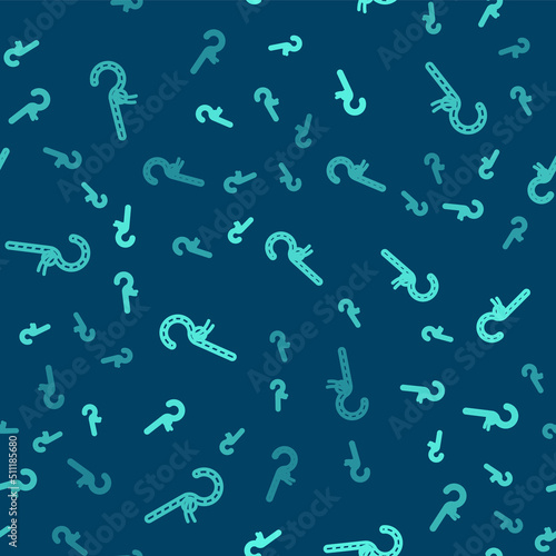 Green line Crook icon isolated seamless pattern on blue background. Ancient Egypt symbol. Scepters of egypt. Vector