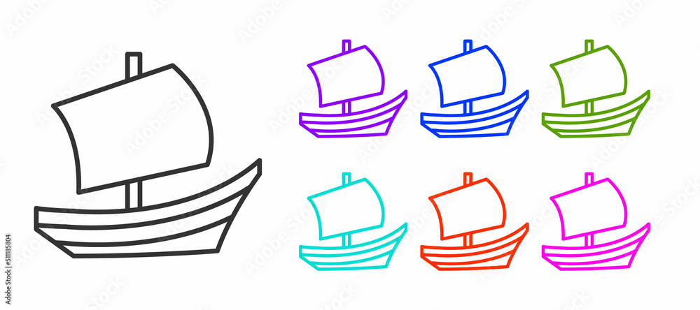 Black line Egyptian ship icon isolated on white background. Egyptian papyrus boat. Set icons colorful. Vector Black line Egyptian ship icon isolated on white background. Egyptian papyrus boat. Set icons colorful. Vector
