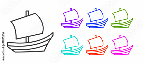 Black line Egyptian ship icon isolated on white background. Egyptian papyrus boat. Set icons colorful. Vector