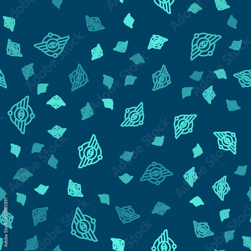 Green line Egyptian symbol Winged sun icon isolated seamless pattern on blue background. Vector