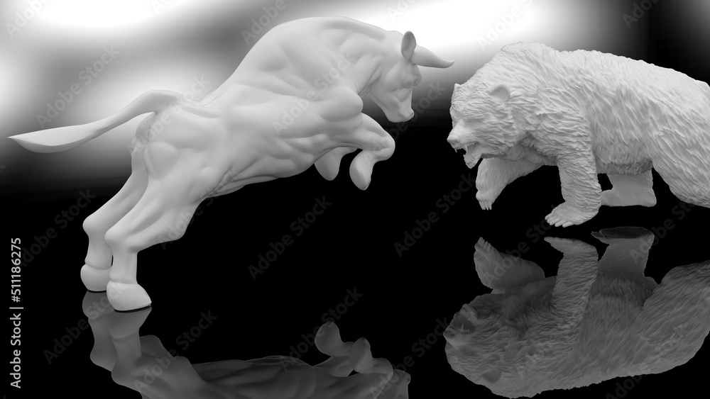 Naklejka premium Metallic silver bull and bear sculpture staring at each other in dramatic contrasting light representing financial market trends under black-white background. Concept images of stock market. 3D CG.