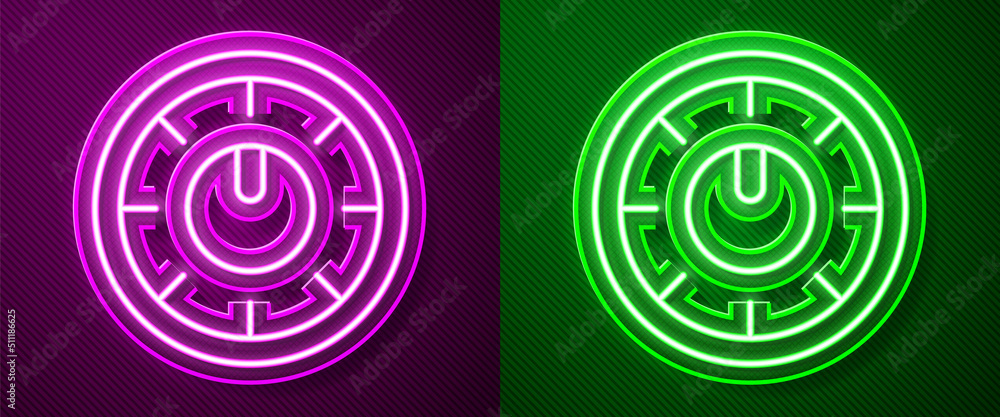 Glowing neon line Sound mixer controller icon isolated on purple and green background. Dj equipment slider buttons. Mixing console. Vector Glowing neon line Sound mixer controller icon isolated on purple and green background. Dj equipment slider buttons. Mixing console. Vector