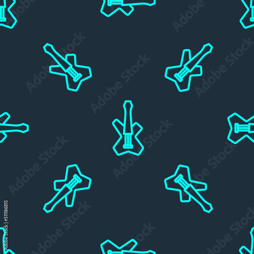 Green line Electric bass guitar icon isolated seamless pattern on blue background. Vector