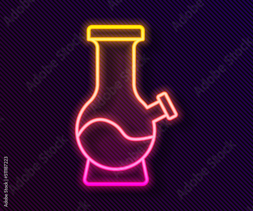 Glowing neon line Glass bong for smoking marijuana or cannabis icon isolated on black background. Vector